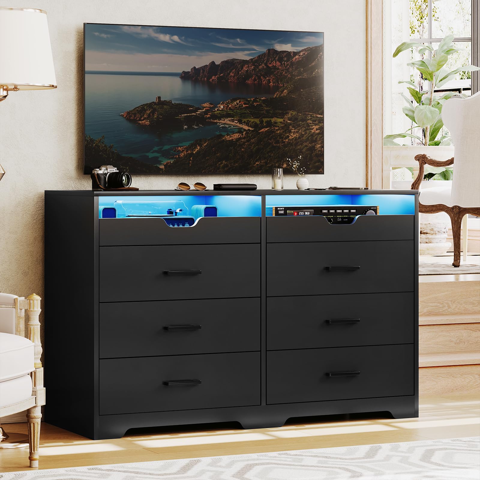 EPHEX Dresser with LED Lights for Bedroom, 6 Drawer Double Dresser with Pull-Out Tray, Black
