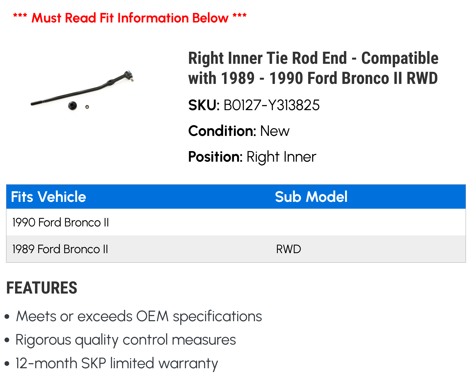 Right Inner Tie Rod End - Compatible with 1989 - 1990 Ford Bronco II RWD