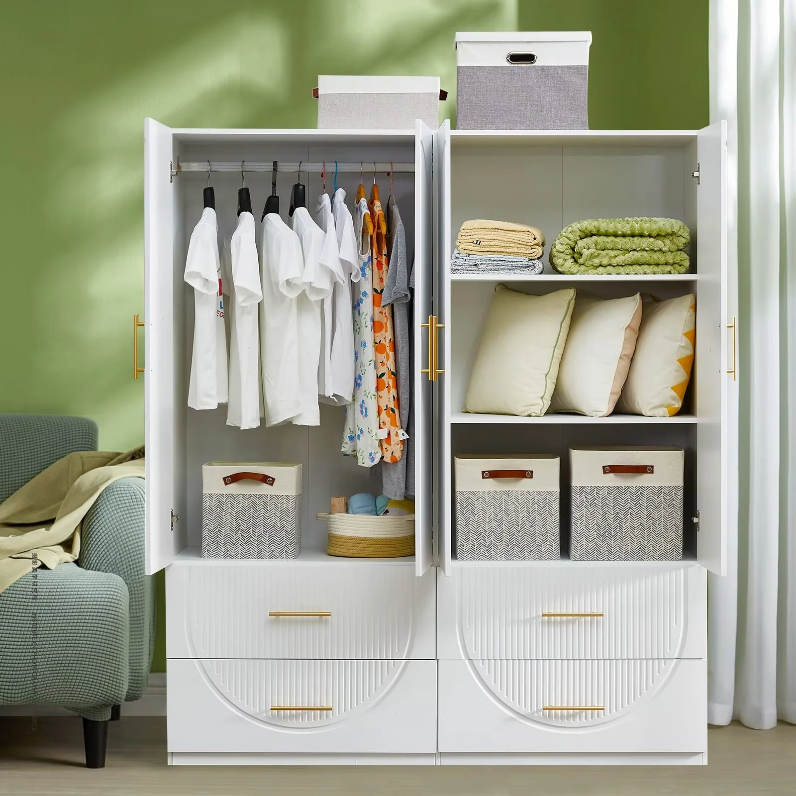 ModMakers 4-Door Wardrobe Armoire Closet | Freestanding Wardrobe Storage Wood Armoire Wardrobe Cabinet w/ Hanging Rods & 4 Drawers, White