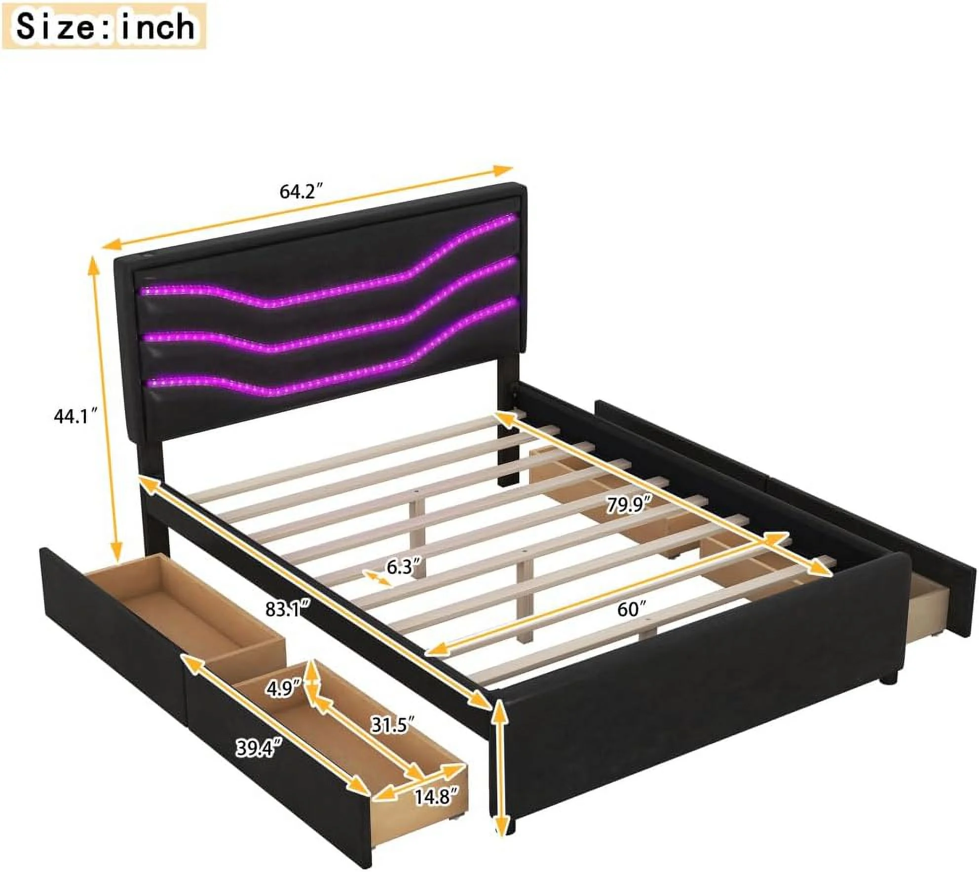 Queen Size Platform Bed, Modern PU Leather Upholstered Bed Frame with LED Lights, USB Charging and 4 Storage Drawers for Living Room Bedroom Lounge