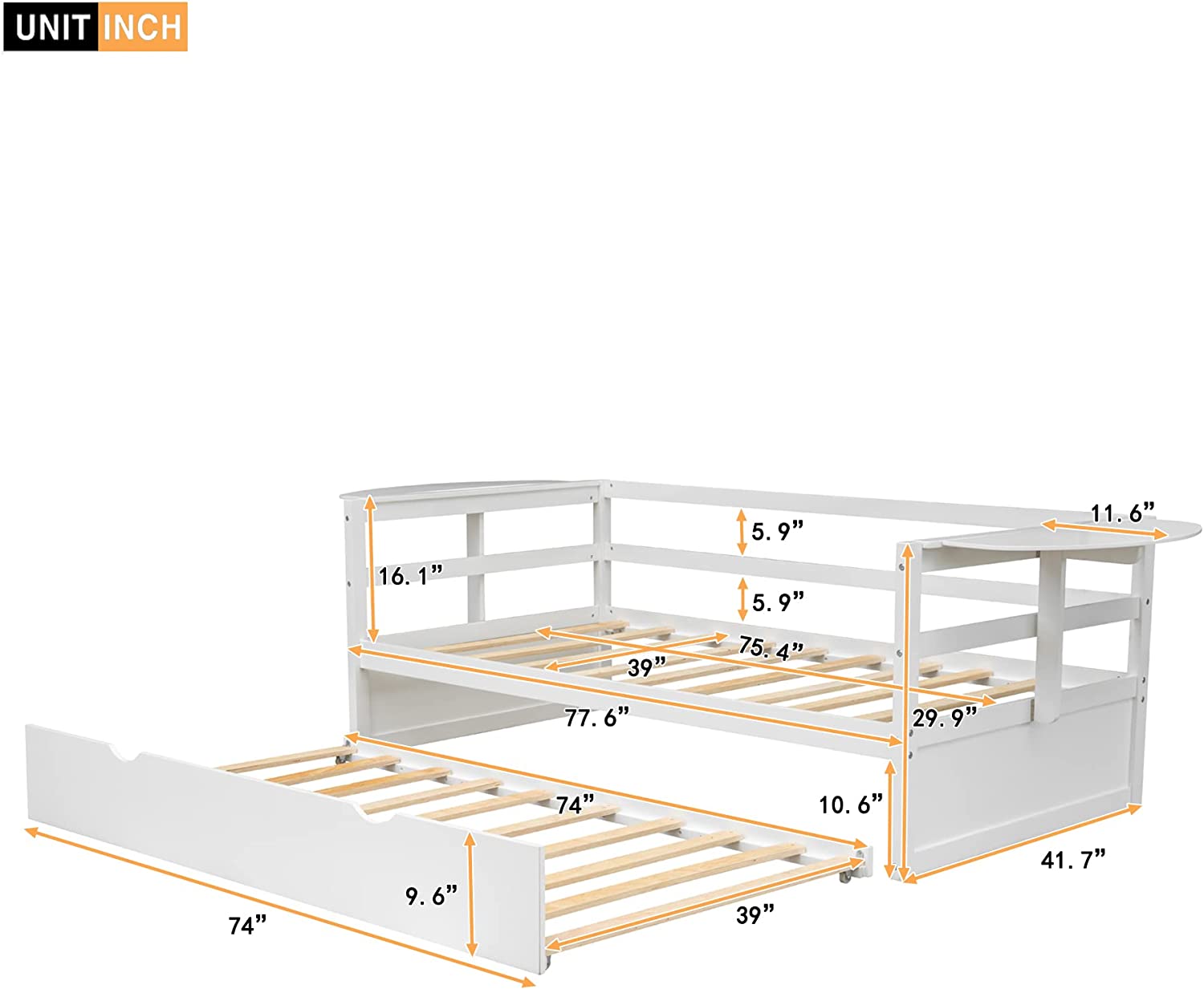 Size Daybed With Trundle, Solid Wood Frame Foldable Shelves On Both Sides, For Kids Teens Guests. No Box Spring Needed, Bedroom Living Room Furniture (, White)