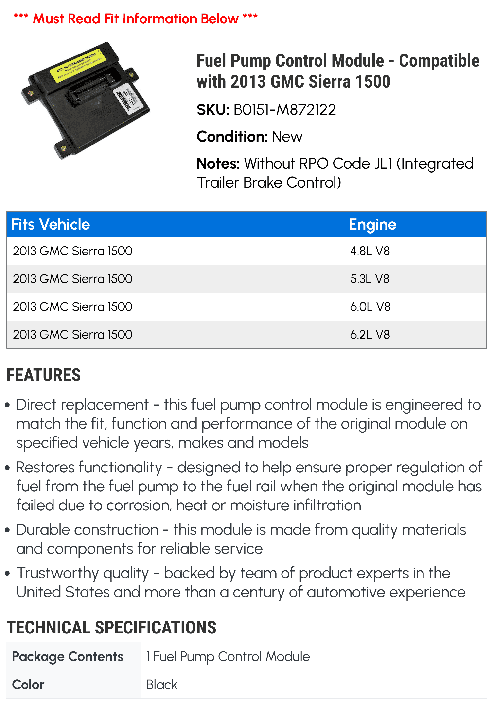 Fuel Pump Control Module - Compatible with 2013 GMC Sierra 1500