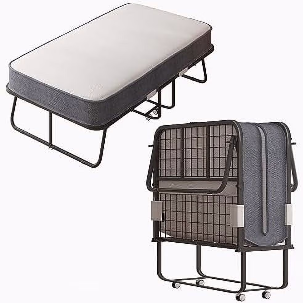 HOOMHIBIU Folding Bed with 5 Inch Mattress | Full Size Portable Bed with | 75 x 46 Space Saving Fold Up Bed | Foldable Bed Frame with 4 Lockable Wheels (Upgraded Mattress)