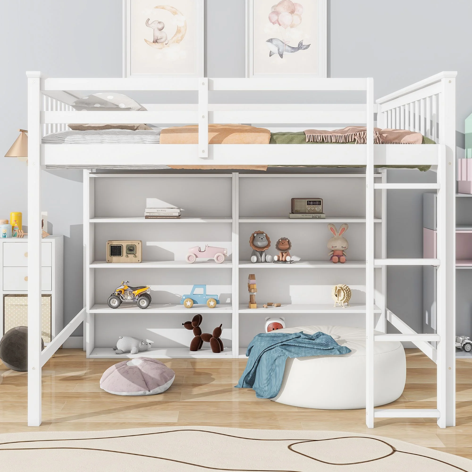 Multifunctional High Loft Bed with 8 Open Storage Shelves and Built-in Ladder, Sturdy Wooden Loftbed Frame with Ladder & Safety Guardrail for Teens Bedroom, Space Saving Design