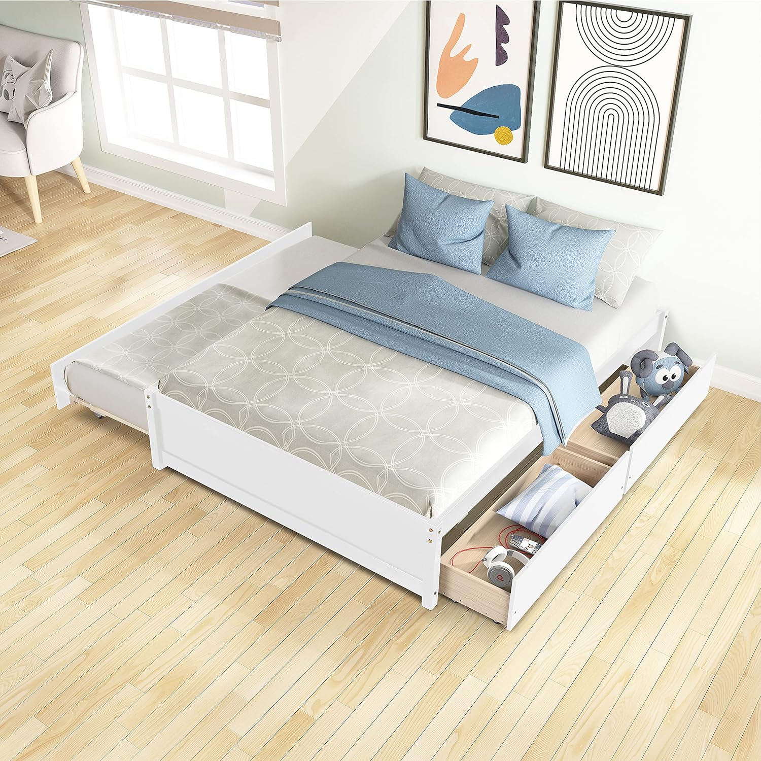 Full Bed With Storage Drawers And Trundle, Solid Wood Platform Bed Frame For Kids Teens Adults (Full Size, White)