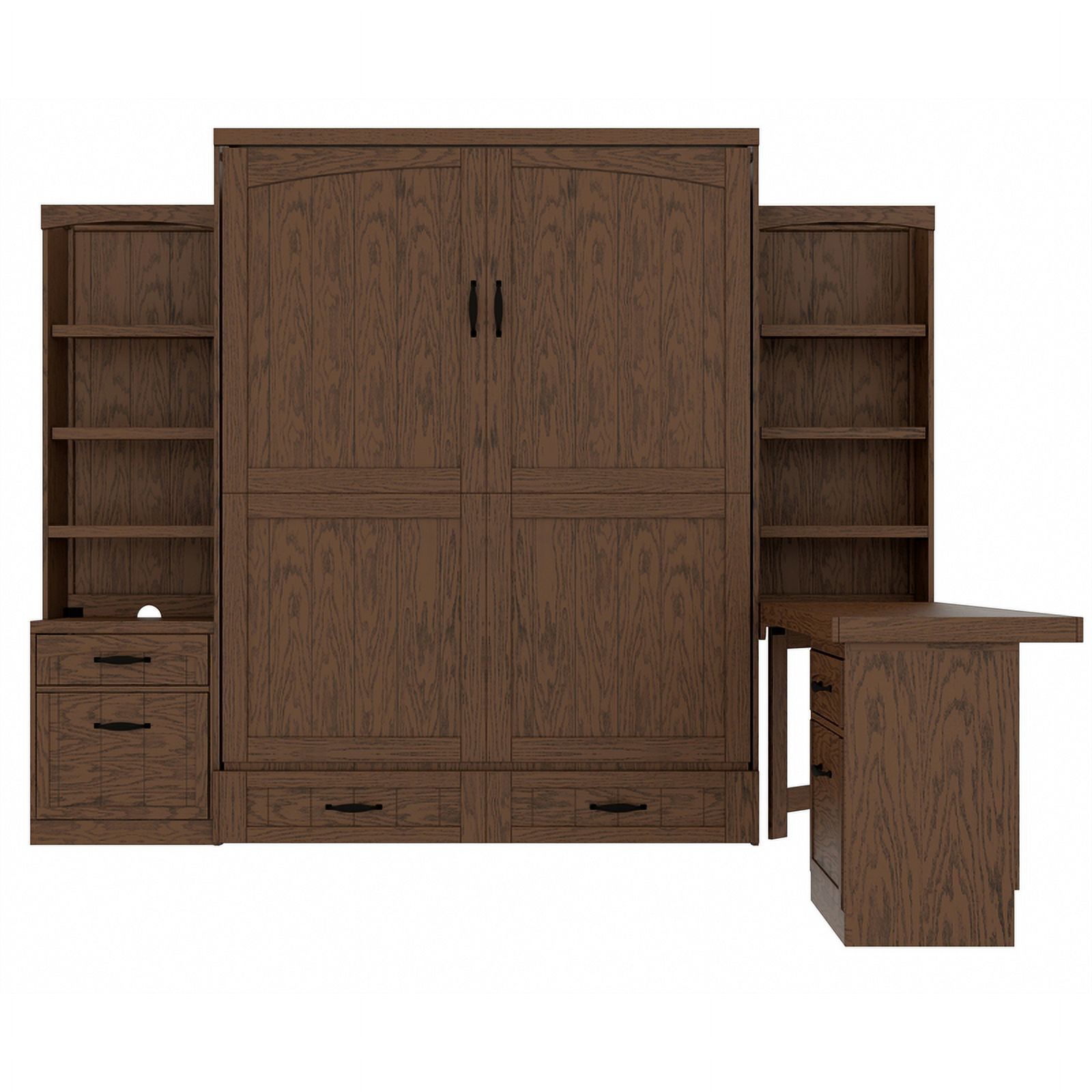 Pemberly Row Cape Cod 4-Drawer Solid Wood Queen Size Murphy Bed in Brown