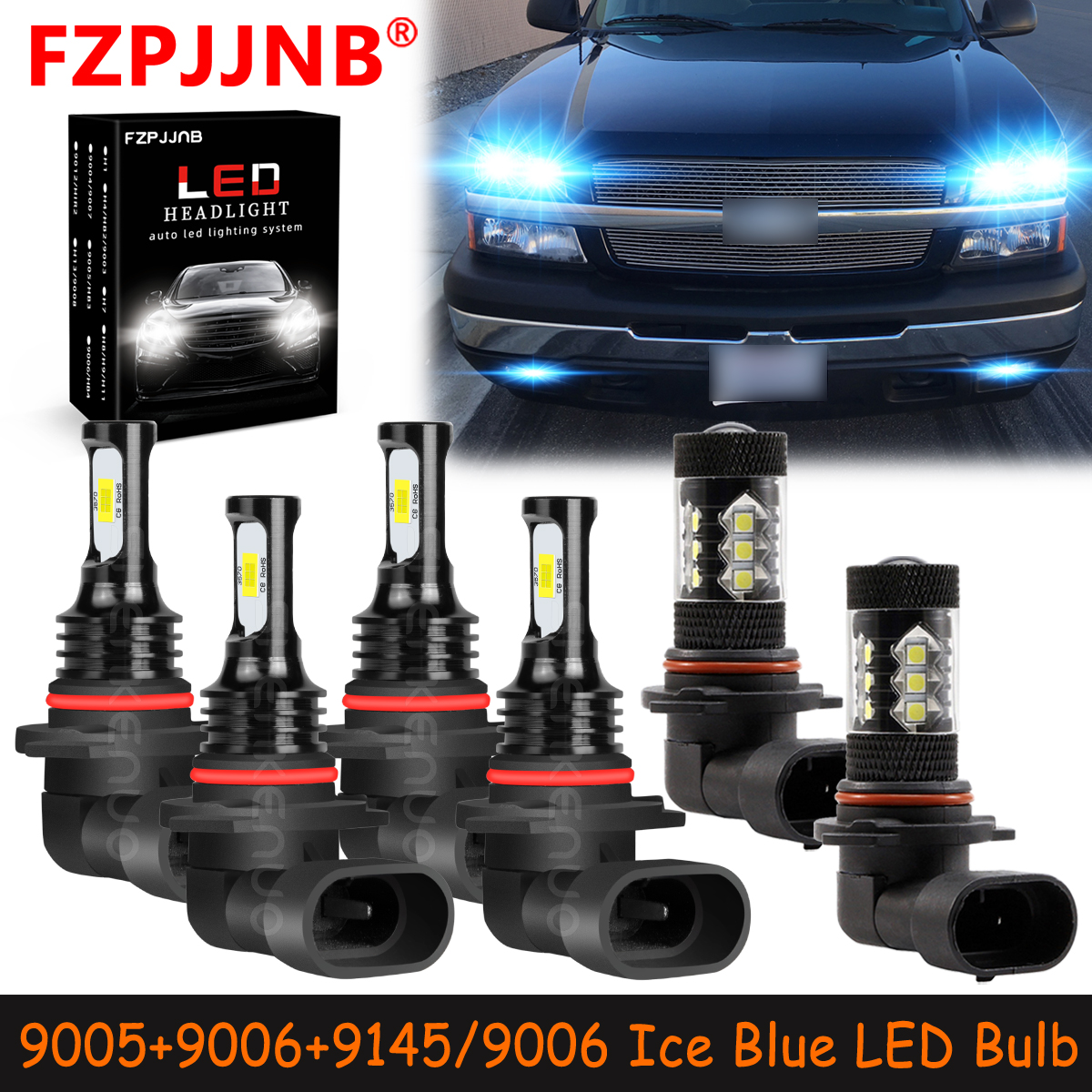 FZPJJNB 9005+9006+9145/9006 for Chevy Silverado Avalanche 2002-2005 Ice Blue Led Headlights Bulb High Low Beam Fog Light,HKL,C03