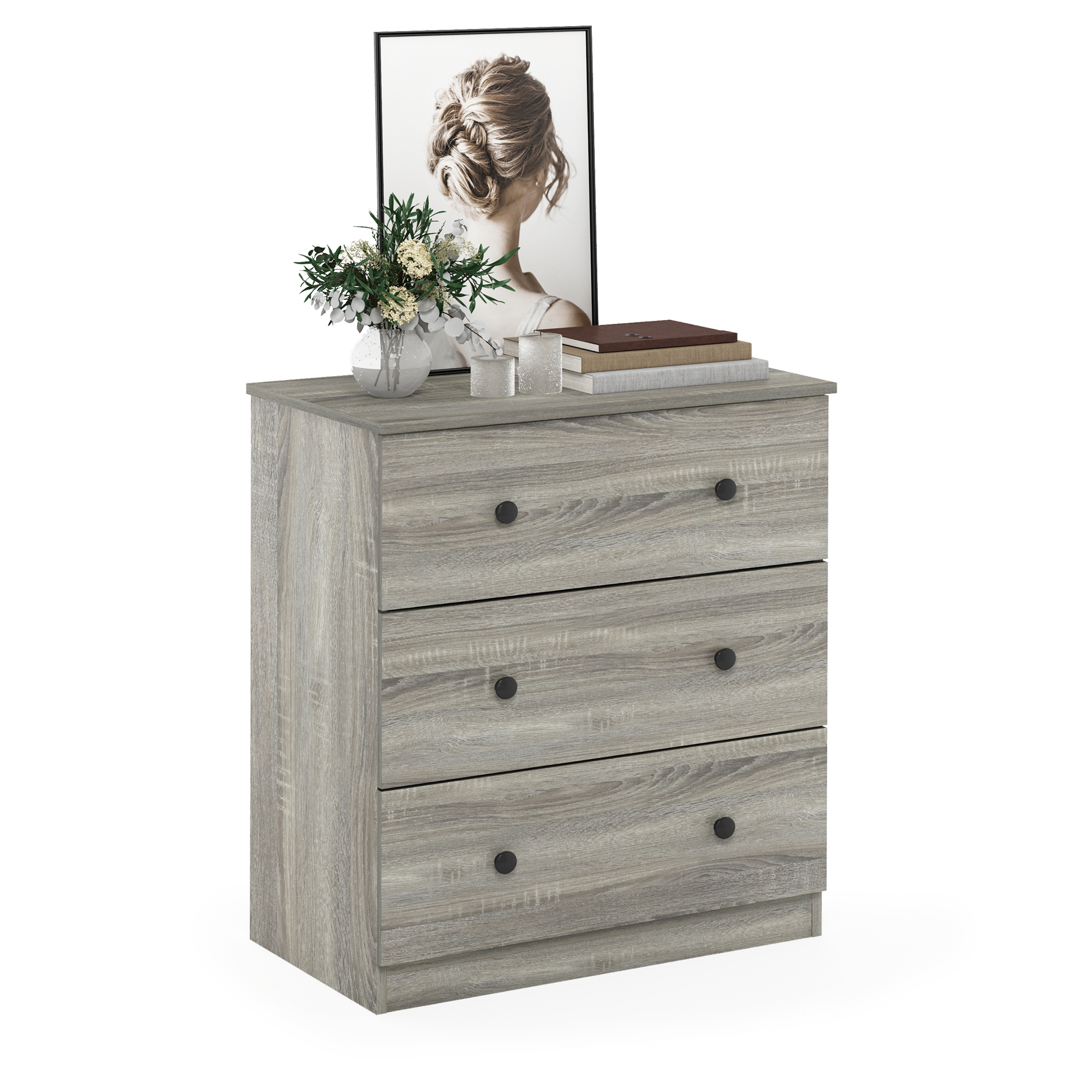 Furinno Tidur Simple Design 3-Drawer Dresser, French Oak Grey