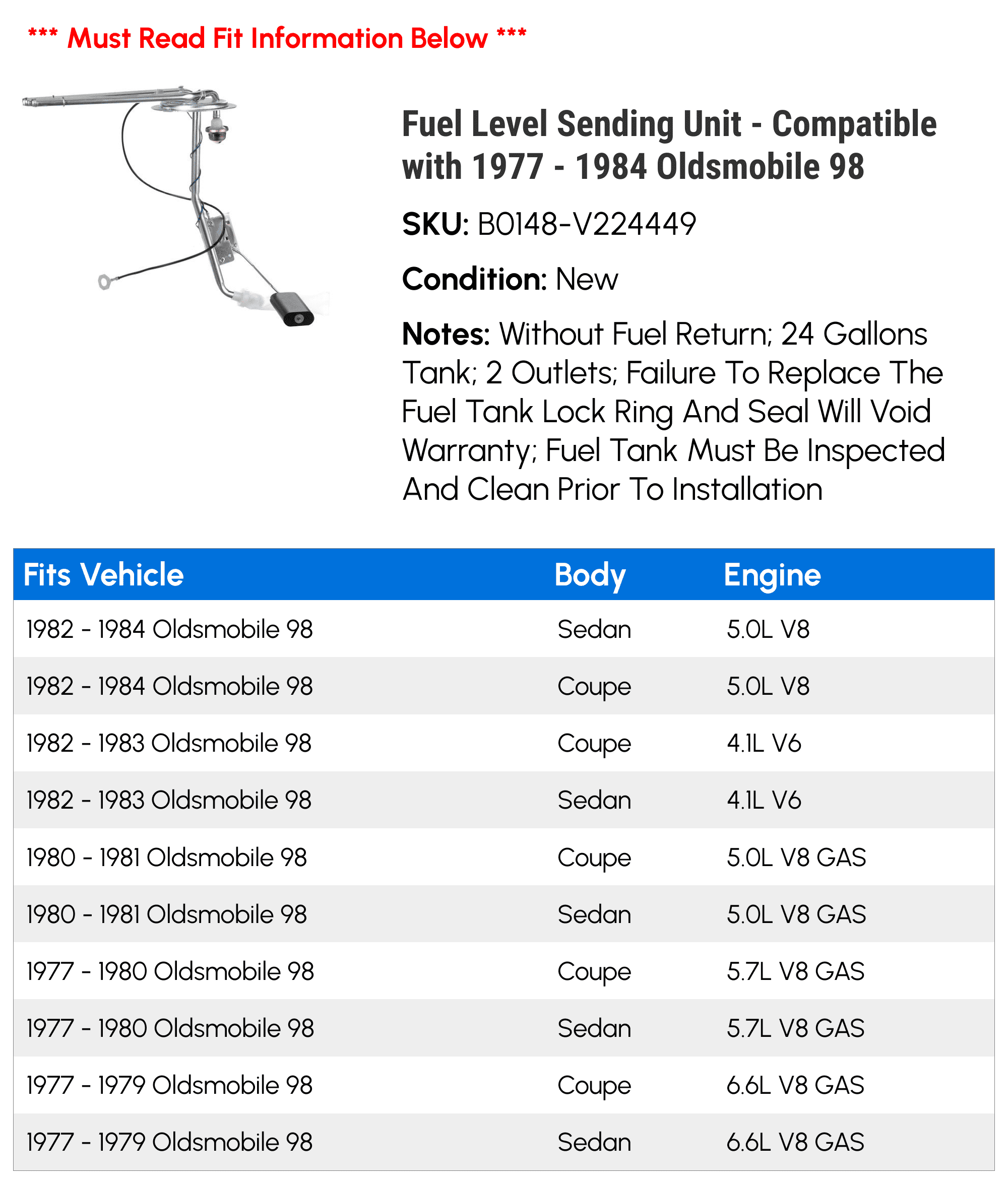 Fuel Level Sending Unit - Compatible with 1977 - 1984 Oldsmobile 98 1978 1979 1980 1981 1982 1983