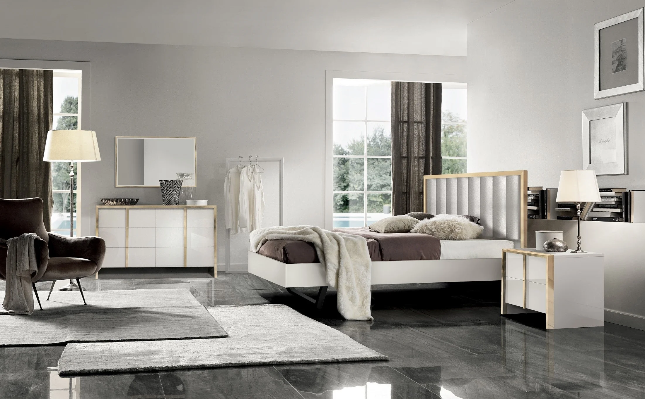 J&M Furniture Fiocco Premium Bedroom with 6 piece queen bed, cest , dresser, mirror and 2 nightstand, queen bedroom set
