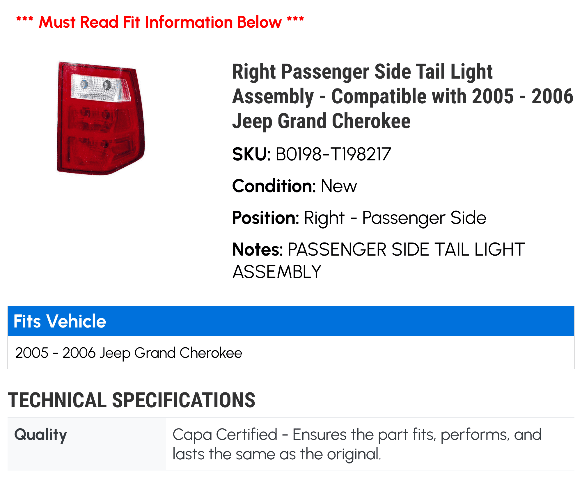 Right Passenger Side Tail Light Assembly - Compatible with 2005 - 2006 Jeep Grand Cherokee