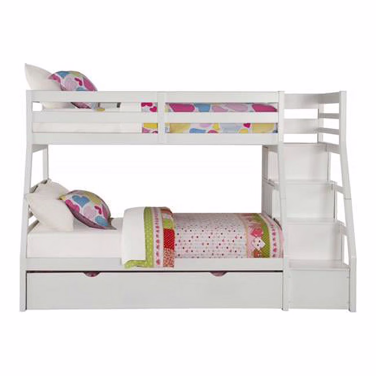 HomeRoots  95 x 56 x 65 in. Twin Over Full Storage Ladder & Trundle Bunk Bed, White