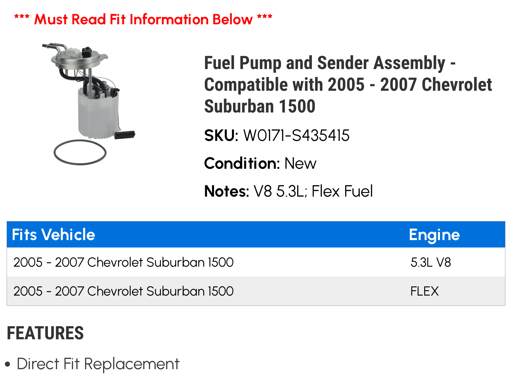 Fuel Pump and Sender Assembly - Compatible with 2005 - 2007 Chevy Suburban 1500 2006
