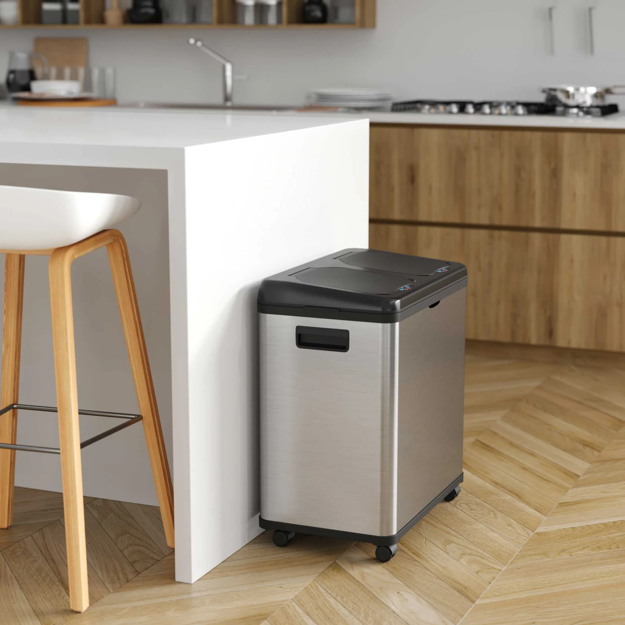 iTouchless 16 Gallon Touchless Trash Can and Recycle Bin, Stainless Steel, Dual-Compartment (8 Gal each), Kitchen Recycling and Garbage