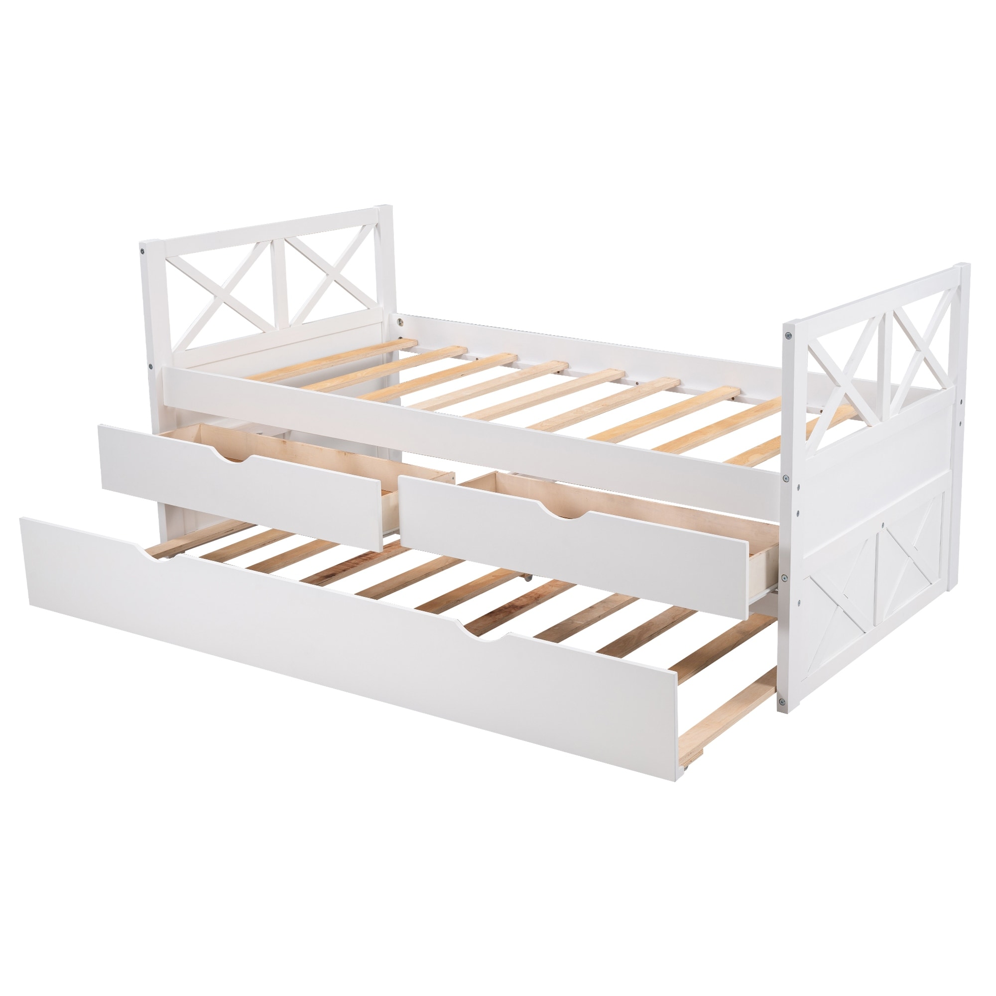 White Rustic Style Multi-Functional Solid Pine Wood Daybed with Two Large Drawers and Extra Trundle, Assembly Required