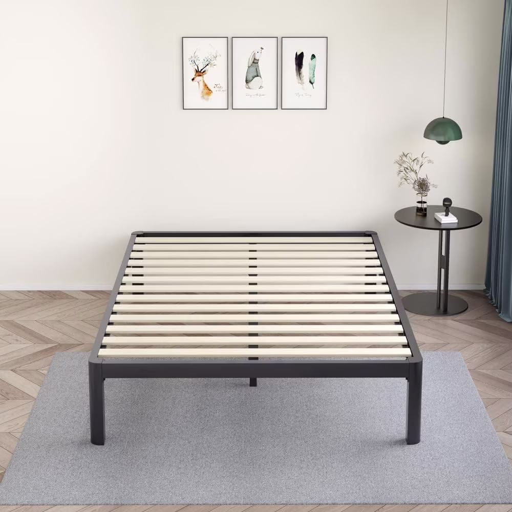 Popular Metal 18 Inch Queen Platform Bed Frame with Anti-Collision Round Legs  Black 3500 Lbs Heavy Duty Bed Frame with Wood Slats  No Box Spring Needed  Easy Assembly
