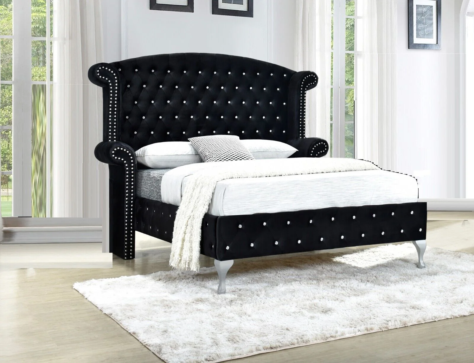 Modern 3Pc King Size Bed Chest Nightstand Set Master Bedroom Furniture Black Velvet Upholstery