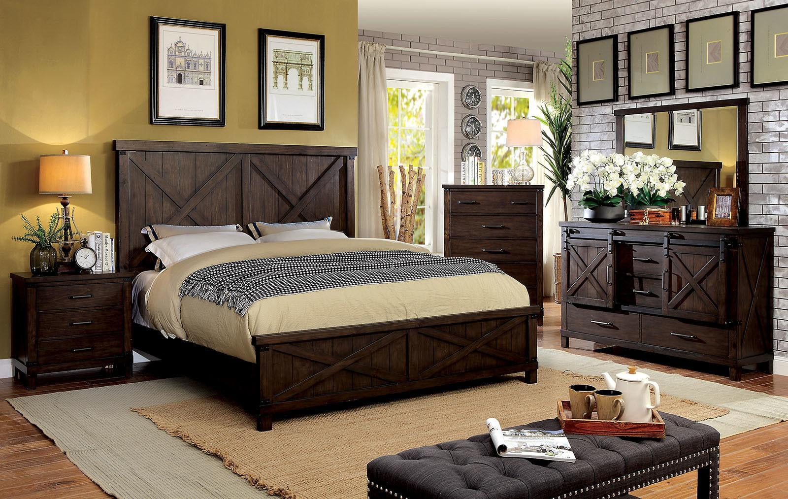 Rustic Dark Walnut Solid Wood King Bedroom Set 5pcs FOA CM7734 Bianca