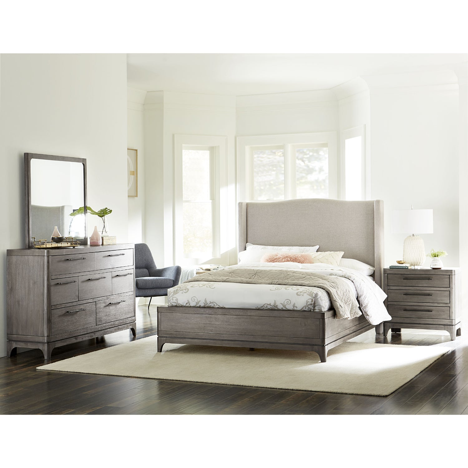 Modus Cicero 5 PC Cal King Upholstered Bedroom Set w 2 Nightstand in Rustic Latte
