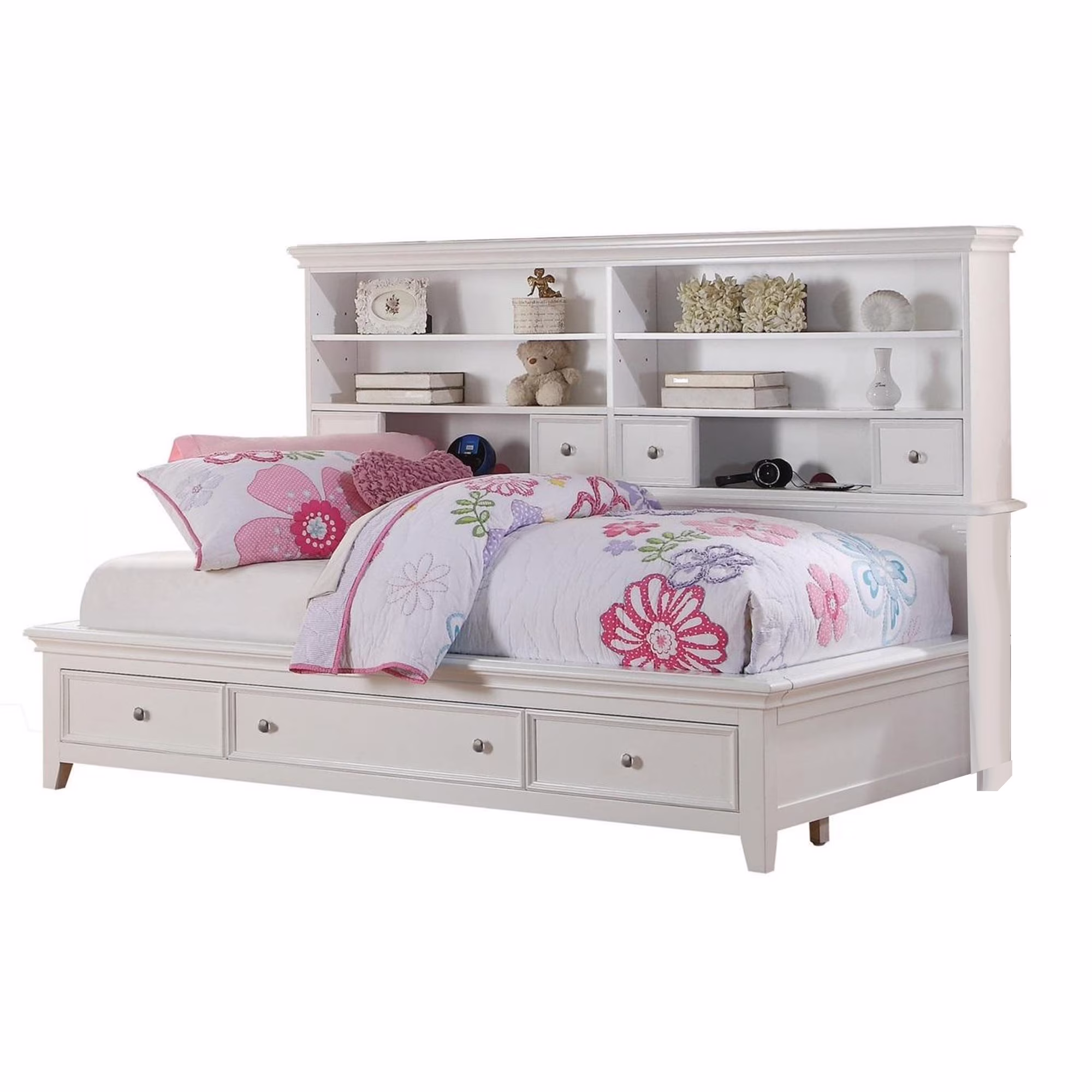 Contemporary Style Full Size Bed with Bookcase Headboard and Multiple Storage, White
