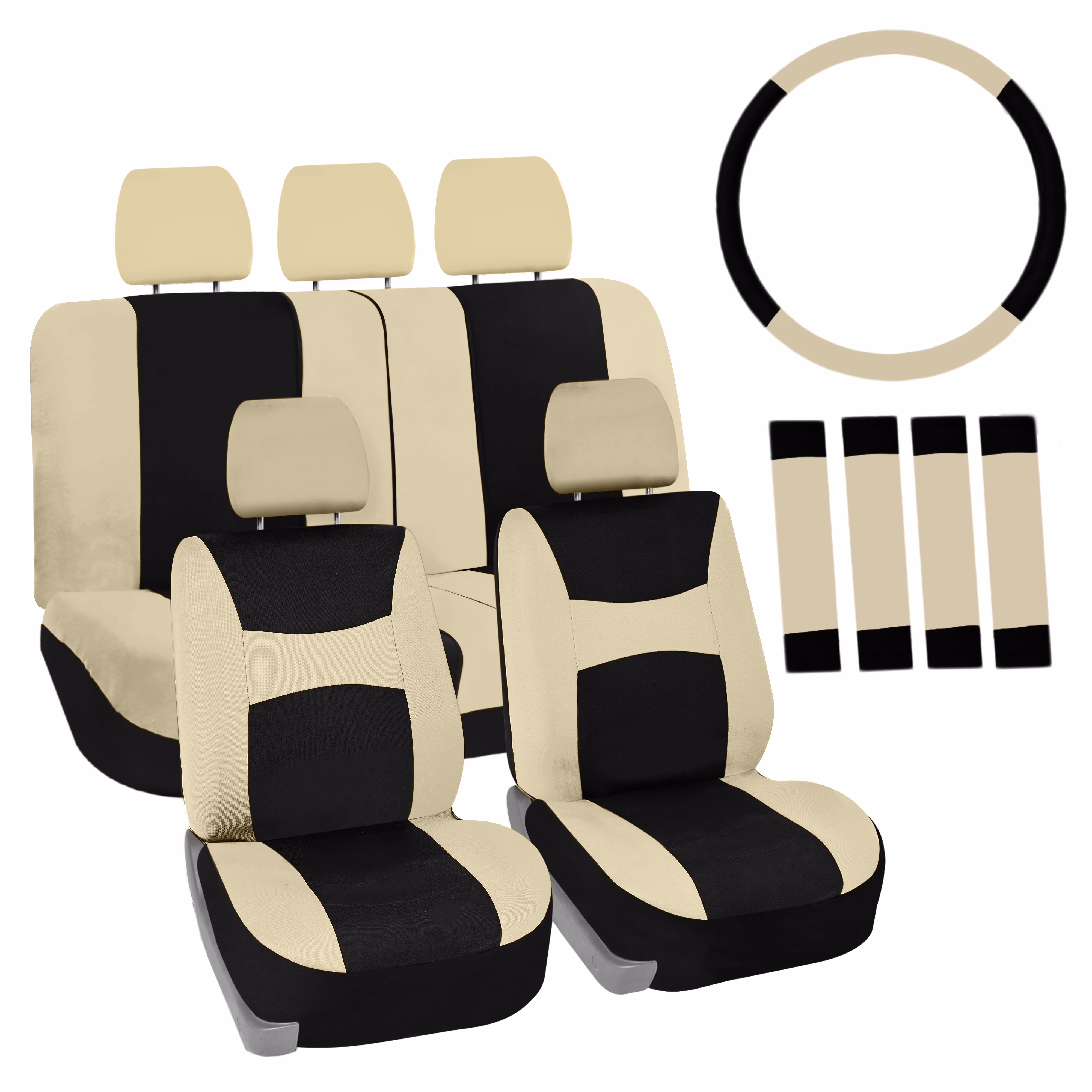 FH Group Light & Breezy Flat Cloth Car Seat Cover, Universal Beige Full Set Seat Covers with Air Freshener