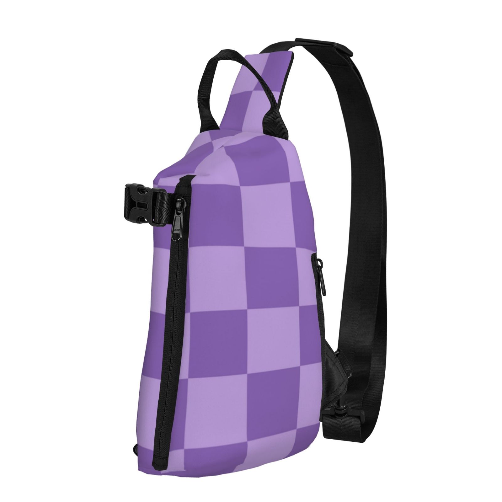 ZNDUO Small Sling Crossbody Backpack, Purple Checkerboard Gingham Plaid Pattern Lightweight One Strap Sling Bag Backpack for Hiking Walking Biking Travel Cycling