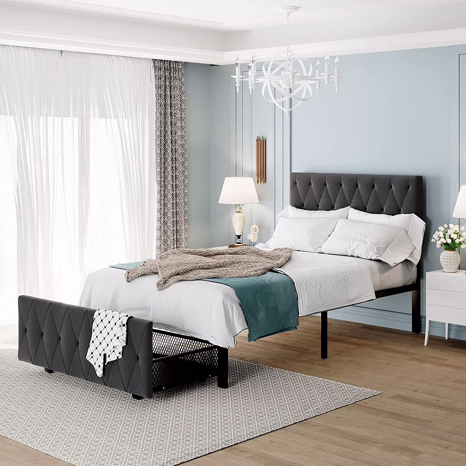 Size Bed With Storage Drawer, Metal Platform Bed Frame With Upholstered Headboard And Footboard, Storage Bed With Metal Slats, No Box Spring Needed, Grey