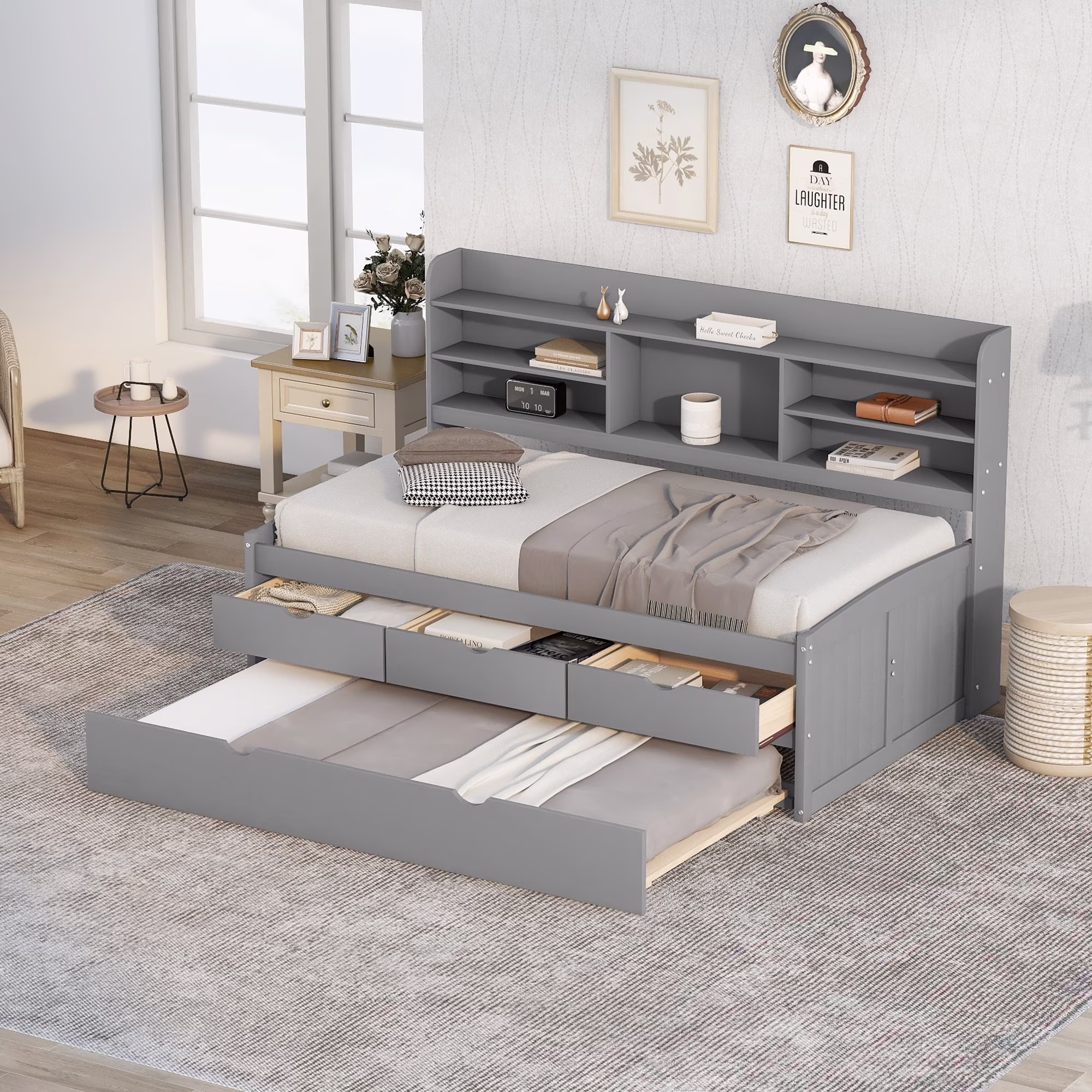 Dawn Whisper Twin Size Wooden Captain Bed with Built-in Bookshelves, Three Storage Drawers and Trundle, Light Grey