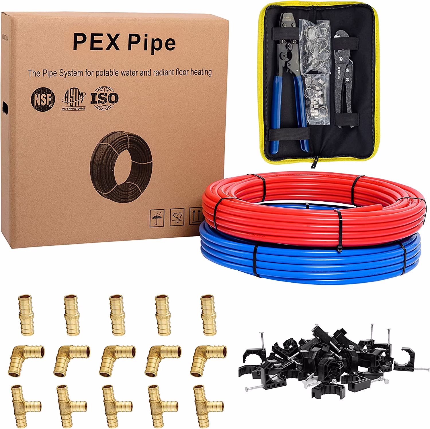 (All-in-One Bundle) EFIELD 2 Rolls x 100 ft (200 Ft) 1/2 Inch Pex-b Pipe/Tubing, Brass Fittings, Crimping Tool, Cinch Clamps, Cutter, J-Clamps