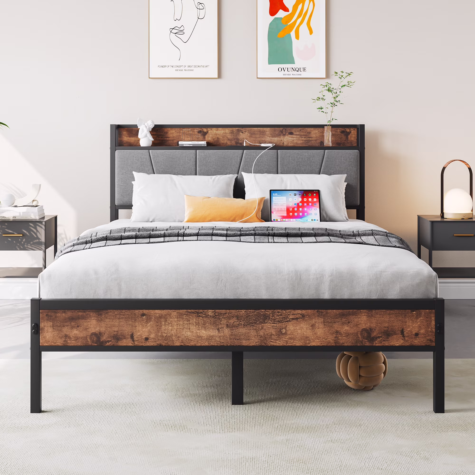 paproos Full Metal Platform Bed, Queen Steel Bed with Vintage Headboard, Black Metal Bed Frame with Heavy Duty Steel Slats, Storage Headboard with Charging Station, No Box Spring Needed, Easy Assembly