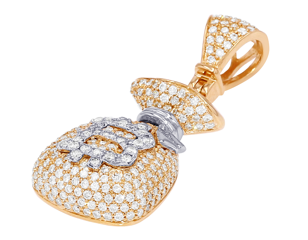 Money Bag Bitcoin 1.3CT Diamond Pendant 14K Yellow-White Gold 1.4