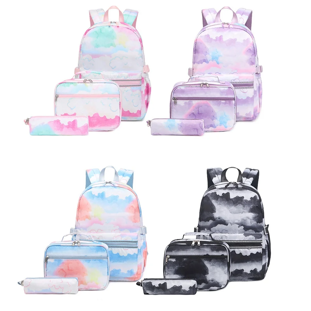 CJUAN Girls Backpack with Lunch Box Pencil Case 3-Piece Set Waterproof School Bags Kids Lightweight Travel Bag Fashion printed Bookbag (Purple)