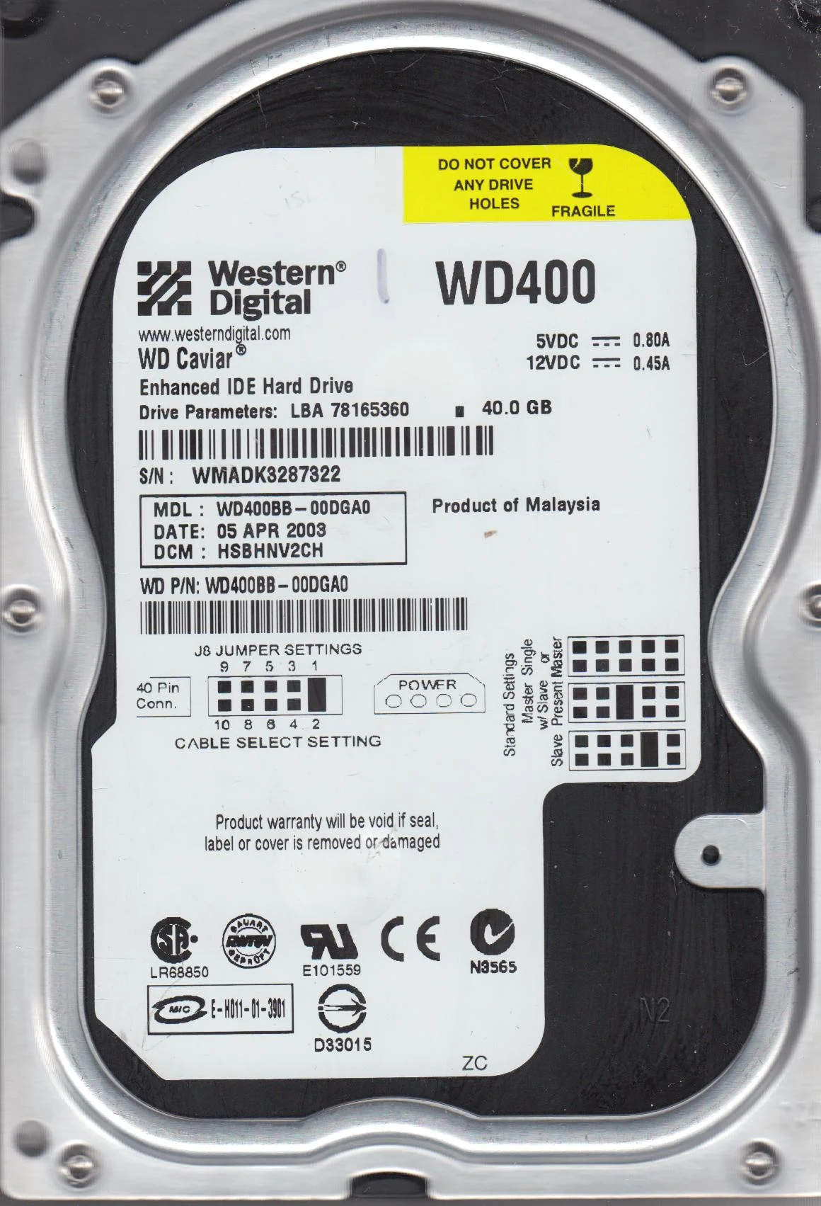 WD400BB-00DGA0, DCM HSBHNV2CH, Western Digital 40GB IDE 3.5 Hard Drive