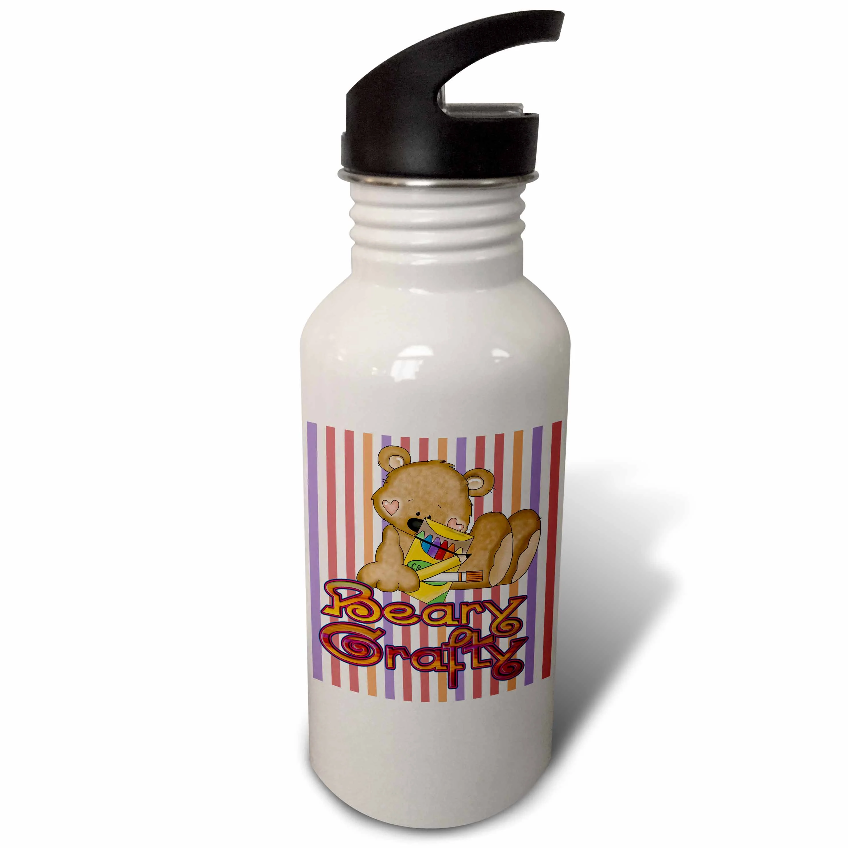 Cute Beary Crafty School Days Bear Cartoon on Striped Background 21 oz Sports Water Bottle wb-104470-1