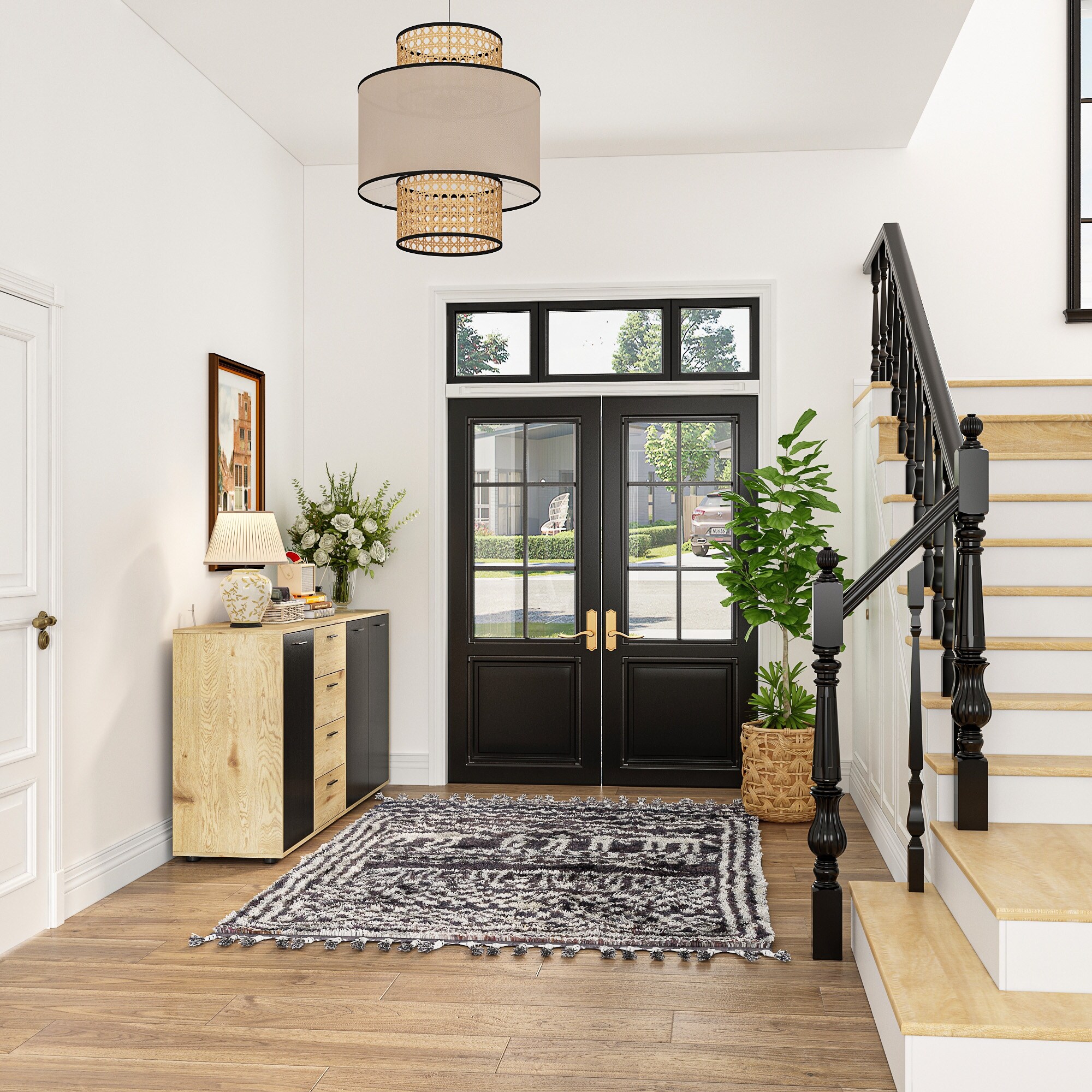 Versatile Wood Grain Sideboard Cabinet w/Black Metal Handles Dresser