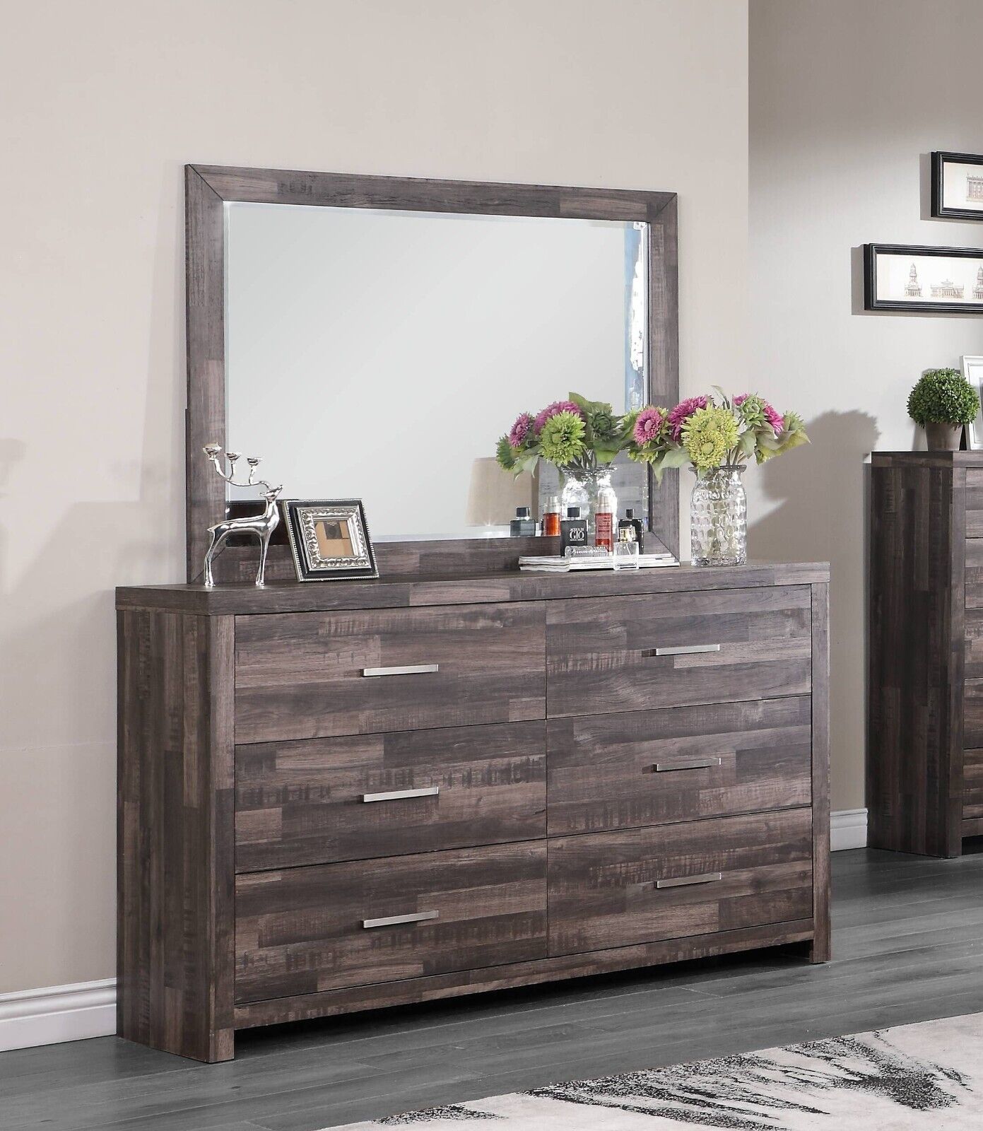 Contemporary Bedroom 4pc Set Queen Bed Nightstand Dresser Mirror Plank Pattern Design Furniture