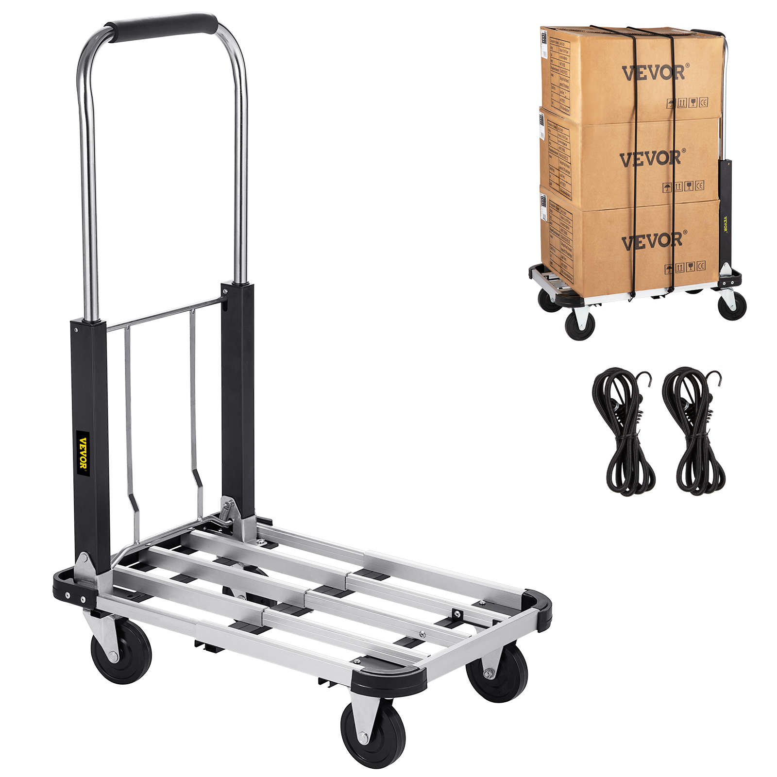 VEVOR Folding Hand Cart, 330 lbs/150 kg Capacity Heavy Duty Luggage Truck w/ 4 Wheels, Solid Construction Aluminum Alloy Flatform Dolly, Foldable & Portable Platform Carts for Luggage Travel Shopping