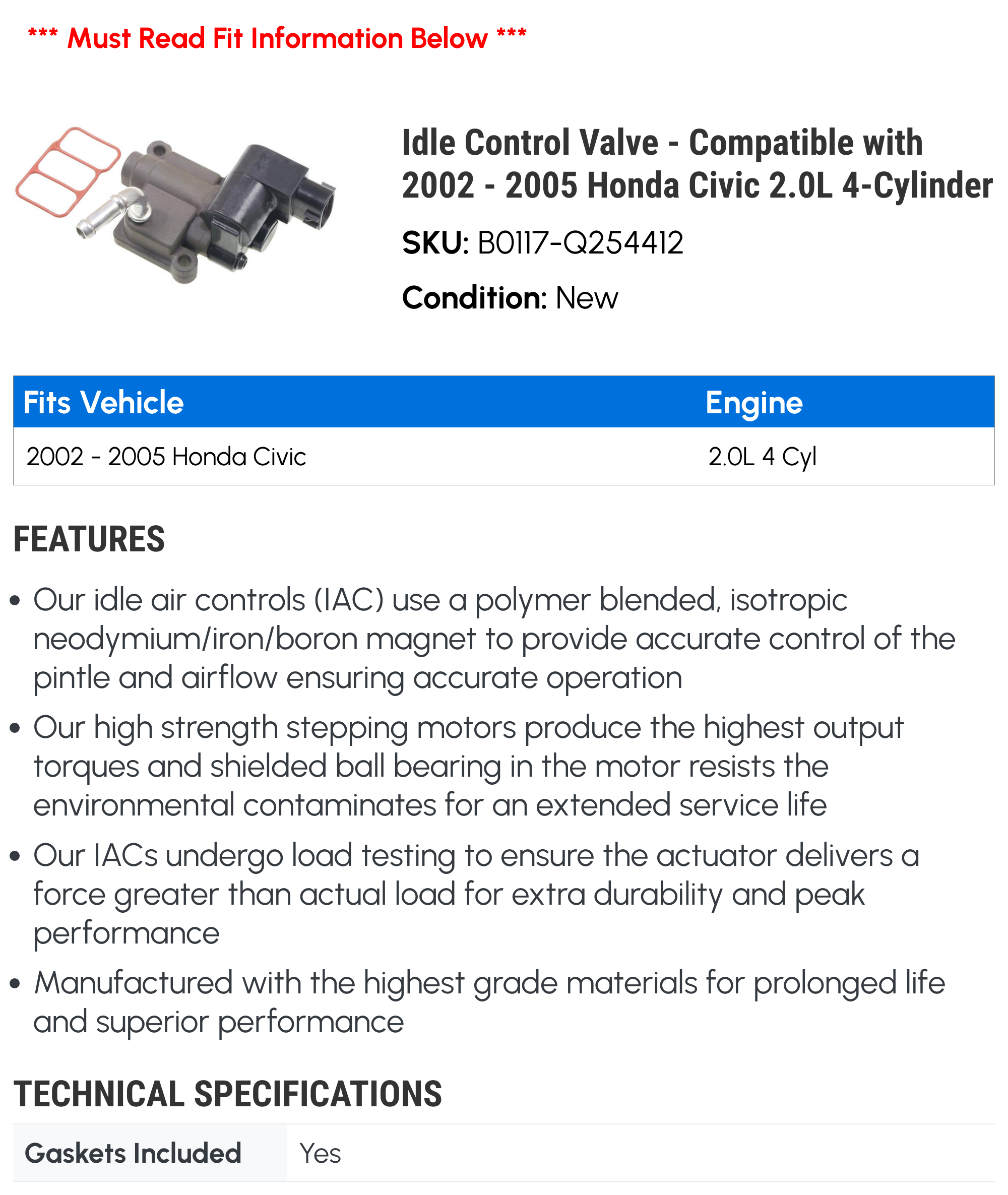 Idle Control Valve - Compatible with 2002 - 2005 Honda Civic 2.0L 4-Cylinder 2003 2004