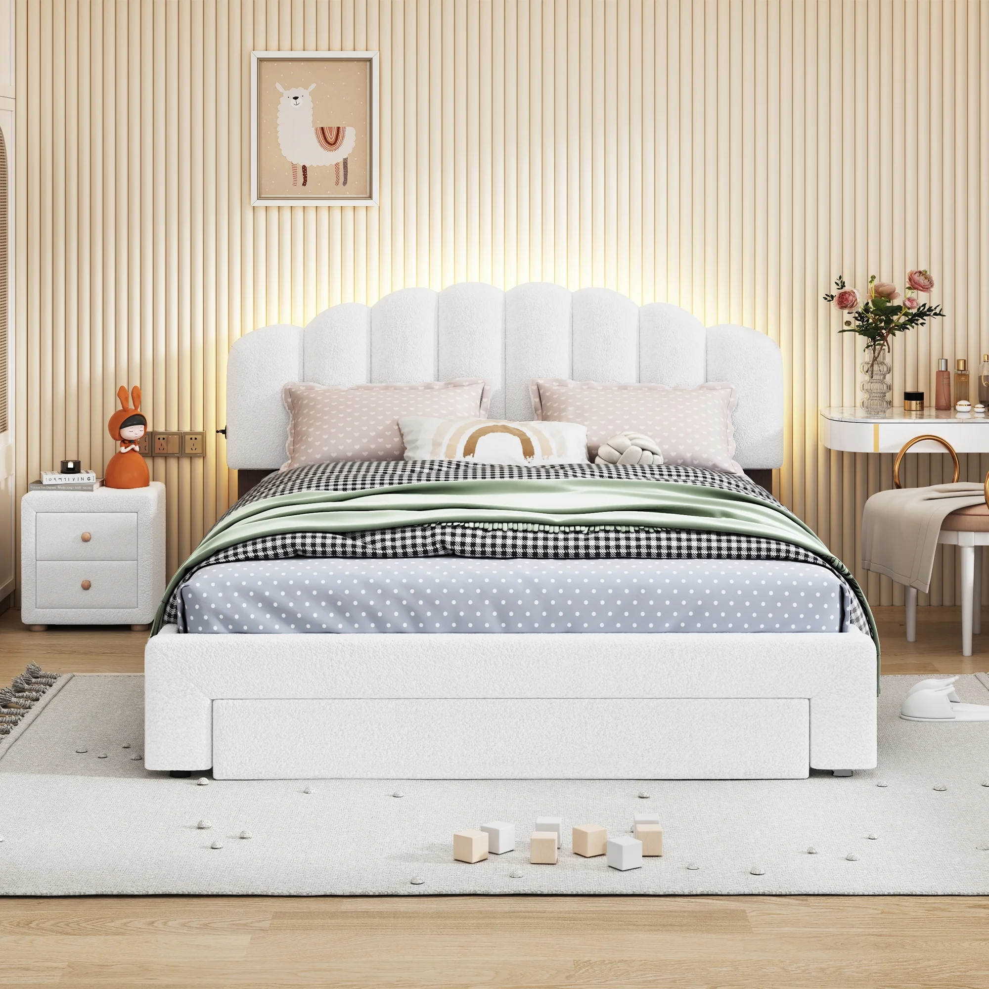 Teddy Fleece Queen Size Upholstered Platform Bed with Nightstand, White