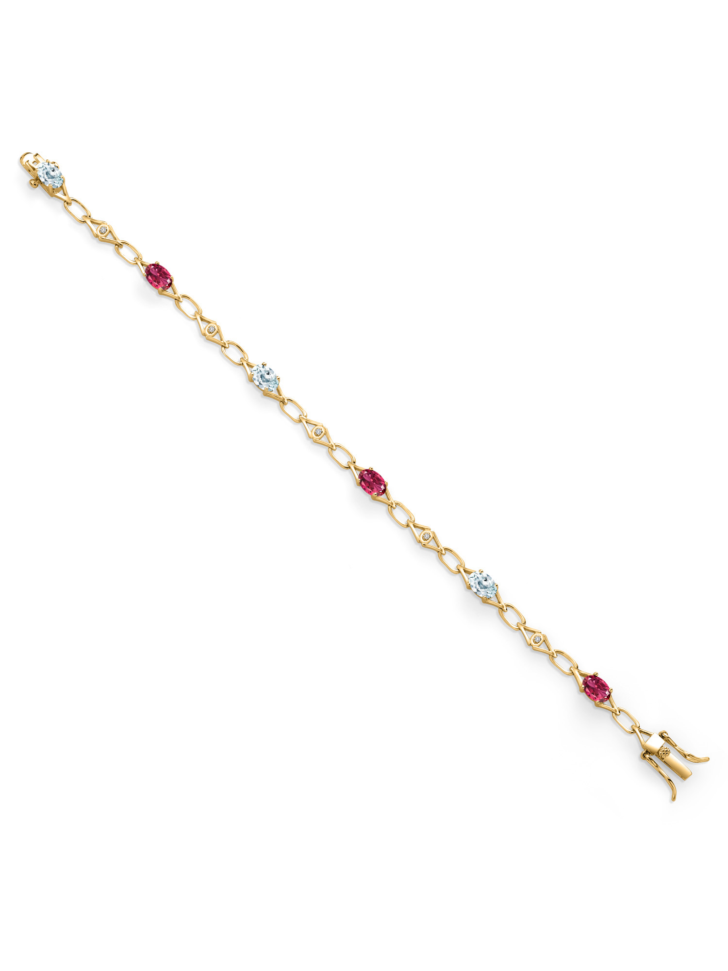 18K Yellow Gold Plated Silver Sky Blue Aquamarine and Pink Tourmaline and Round White Lab Grown Diamond Tennis Bracelet For Women (2.96 Cttw, Gemstone Birthstone, Oval 6X4MM, 7.25 inches)