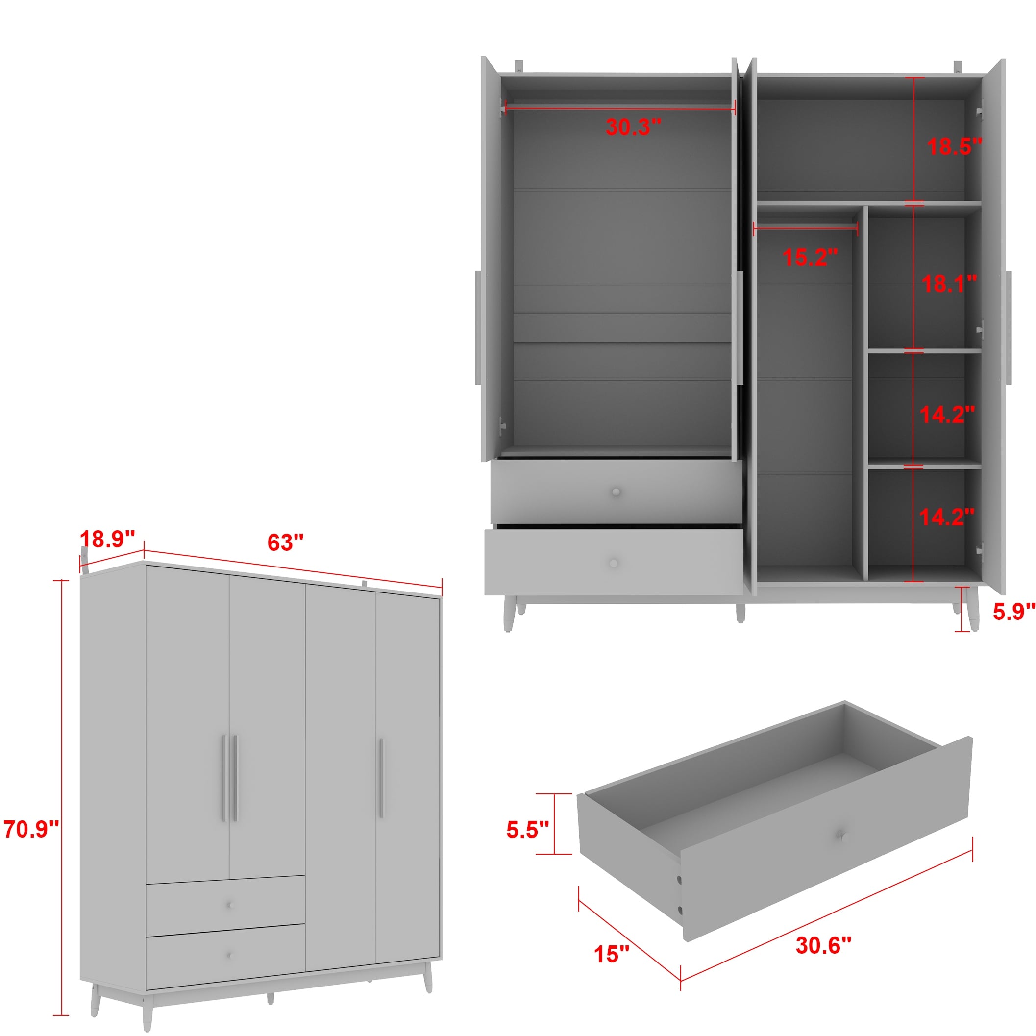 Wardrobe Armoire Closet with Mirror Wardrobe Cabinet with 2 Drawers Grey