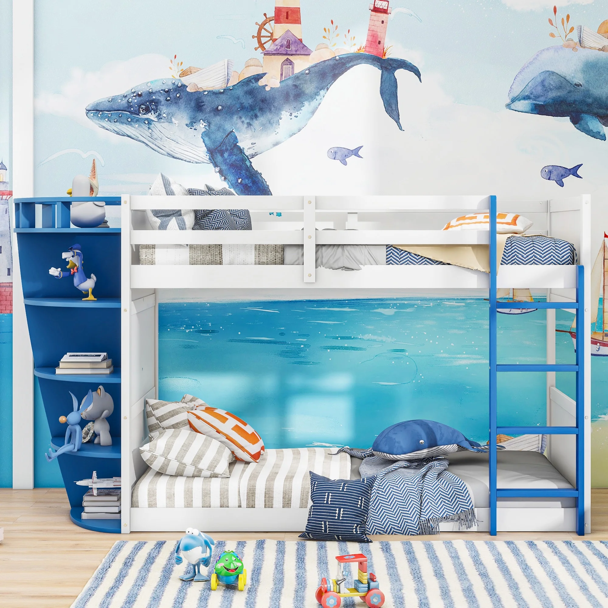 CoSoTower Twin Over Twin Boat-Like Shape Bunk Bed with Storage Shelves, White+Blue