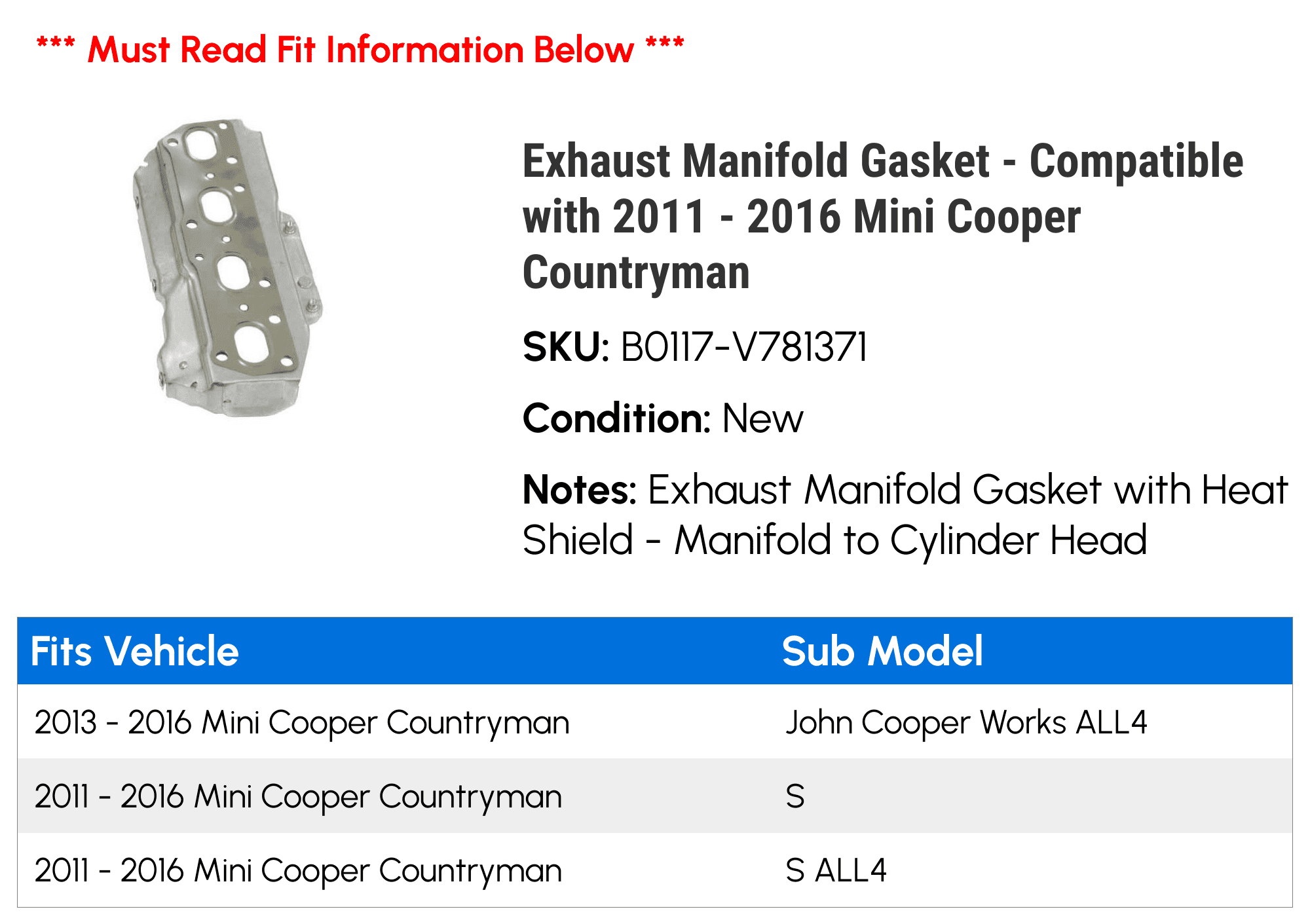 Exhaust Manifold Gasket - Compatible with 2011 - 2016 Mini Cooper Countryman 2012 2013 2014 2015