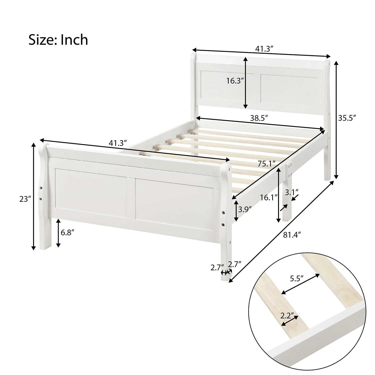 White Twin Wood Platform Bed Frame Mattress Foundation Sleigh Bed with Headboard/Footboard/Wood Slat Support