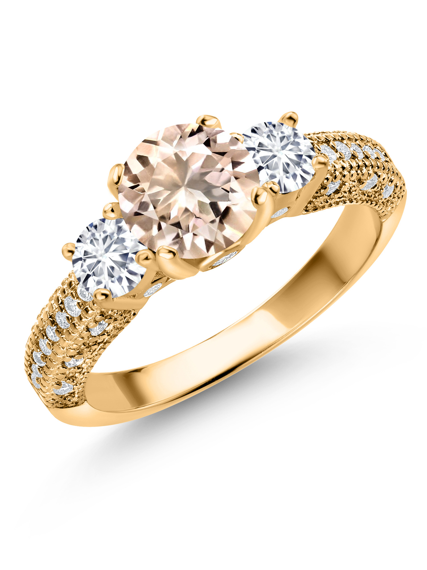 Gem Stone King 18K Yellow Gold Plated Silver Peach Morganite White Lab Grown Diamond and White Moissanite Engagement Ring For Women (1.77 Cttw, Gemstone October Birthstone, Round 7MM and 4MM)