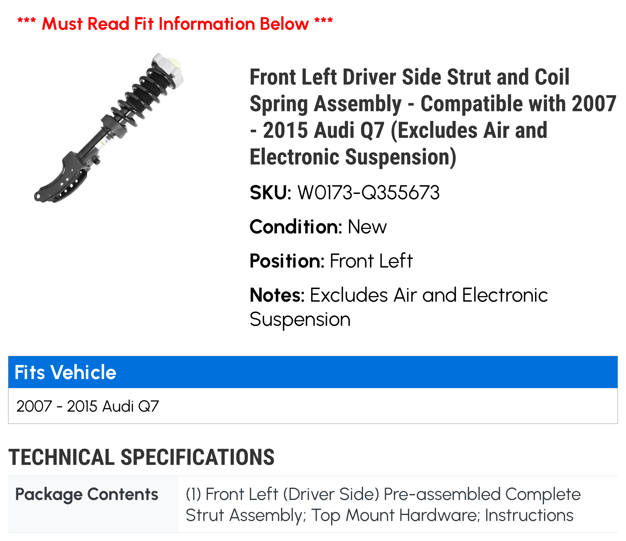 Front Left Driver Side Strut and Coil Spring Assembly - Compatible with 2007 - 2015 Audi Q7 (Excludes Air and Electronic Suspension) 2008 2009 2010 2011 2012 2013 2014