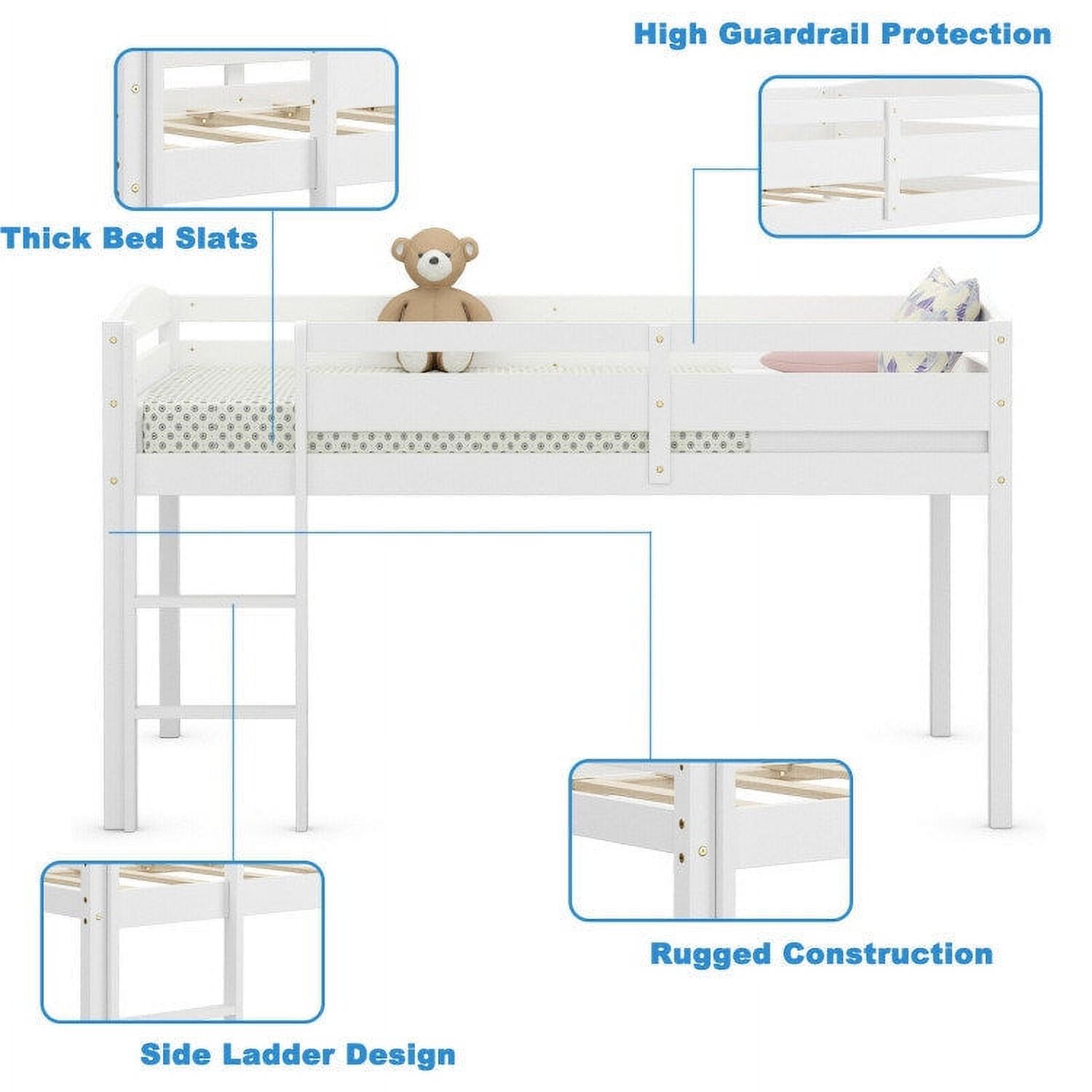 Wooden Twin Low Loft Bunk Bed with Guard Rail and Ladder