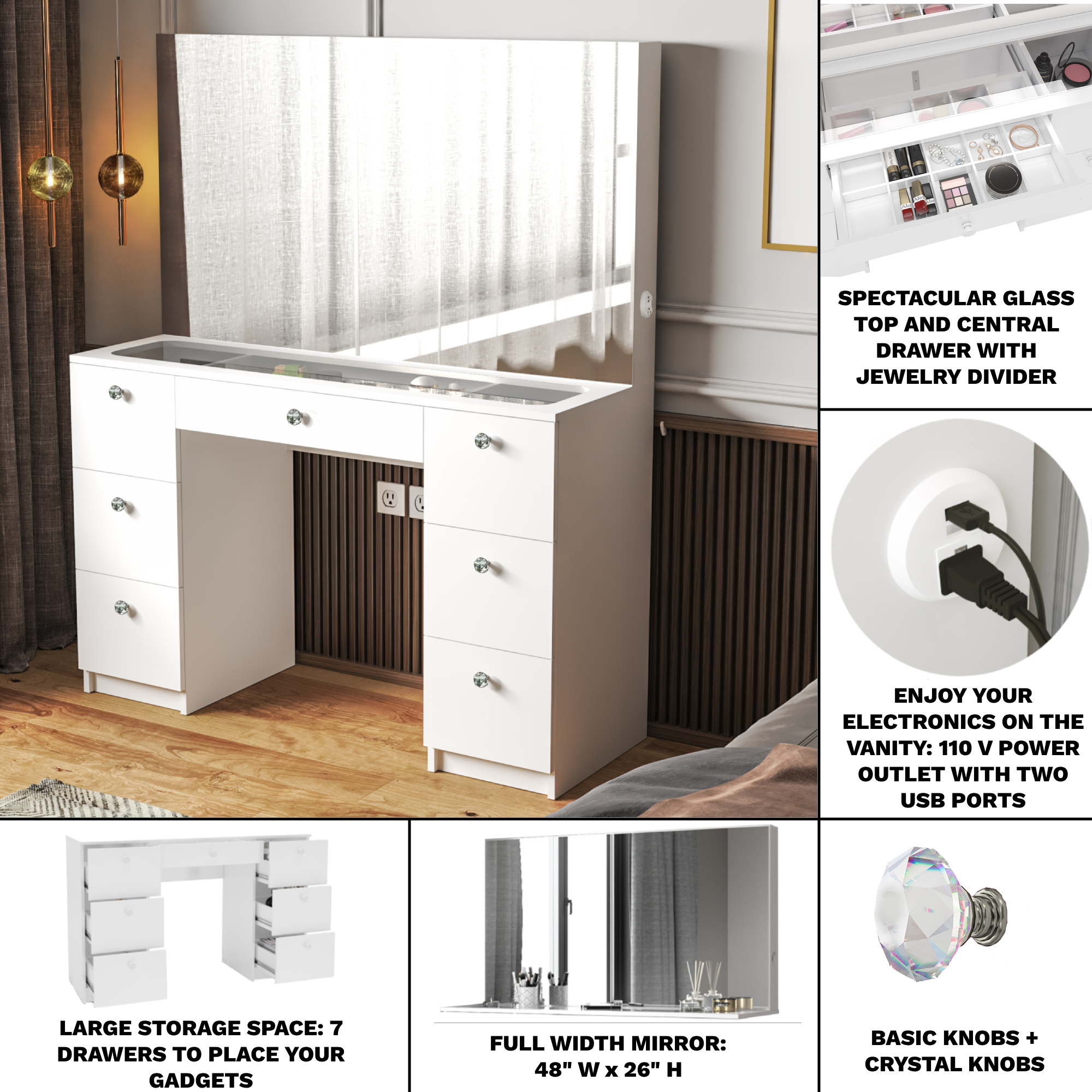 Boahaus Venus Modern White Painted Makeup Vanity Table with Crystal Knobs, for Bedroom