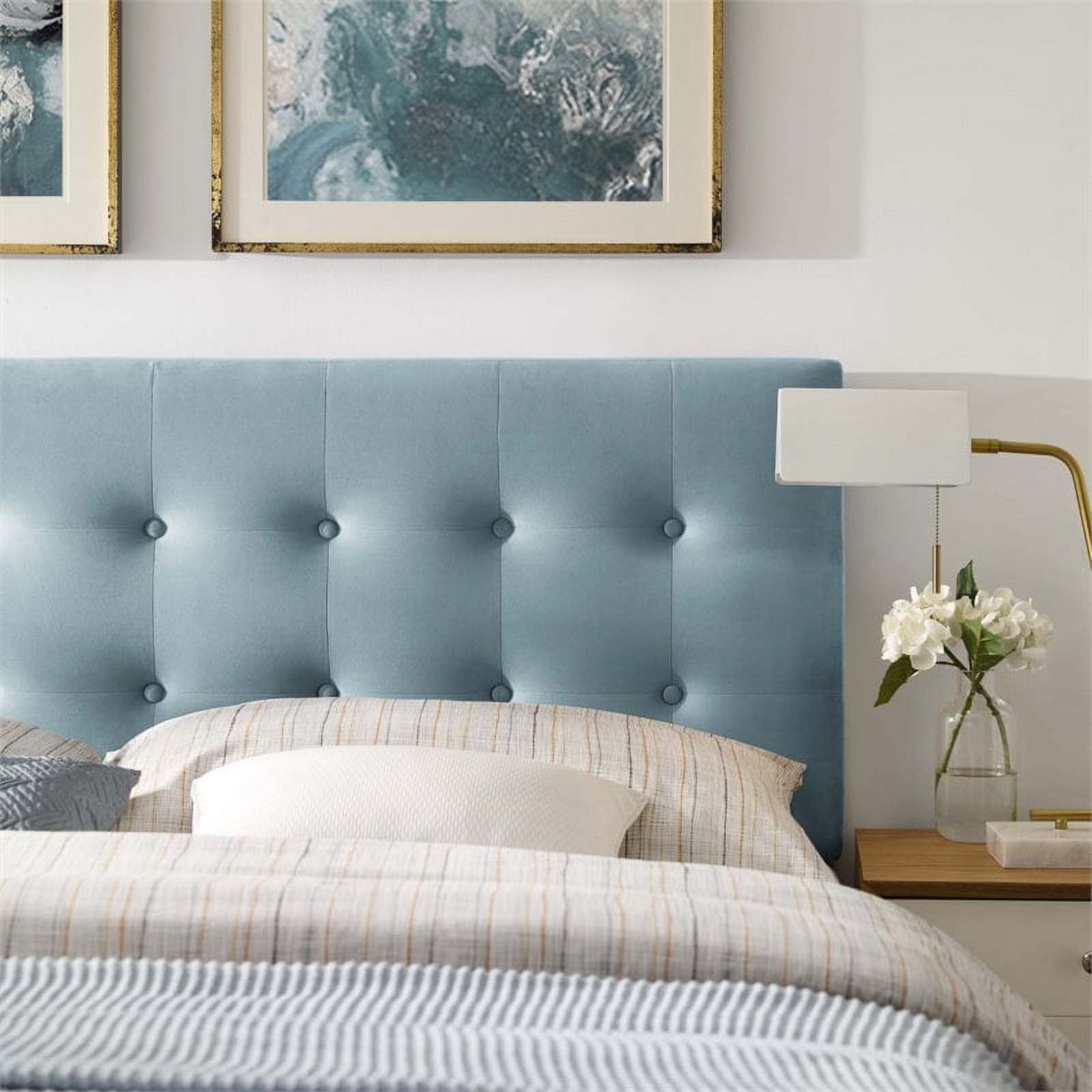 Pemberly Row Modern Fabric Biscuit Tufted Velvet Queen Headboard in Light Blue