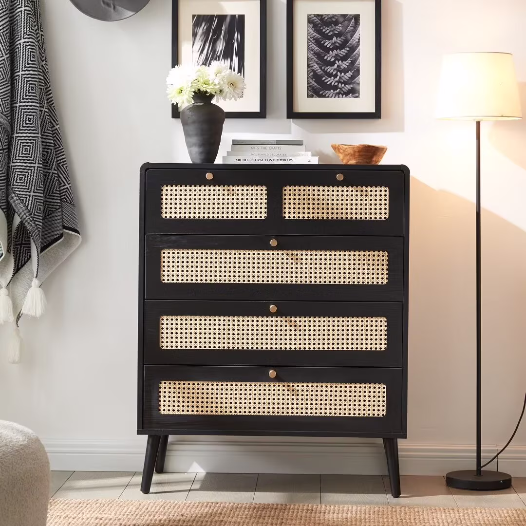Lecut 4 Drawer Natural Rattan Dresser for Bedroom Large Capacity Chest of Drawers for Closet Wood Storage Clothes Organizer with Legs Modern Nursery Dresser for Living Room Hallway Office Black